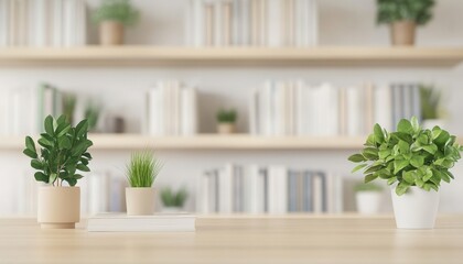 Poster - Three potted plants adorn a light wood table, set against a blurred backdrop of bookshelves filled with numerous books, creating a serene and minimalist home office atmosphere. : Generative AI