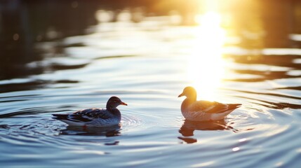 Poster - Two ducks peacefully swim on a calm lake at sunset, golden sunlight reflecting on the water's surface, creating a serene and tranquil scene. : Generative AI