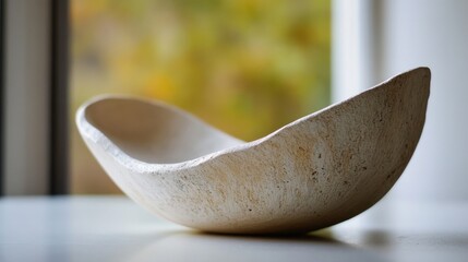 Fototapete - Elegant off-white stone bowl, organic shape, rests on a white surface, blurred autumnal background visible through window. : Generative AI