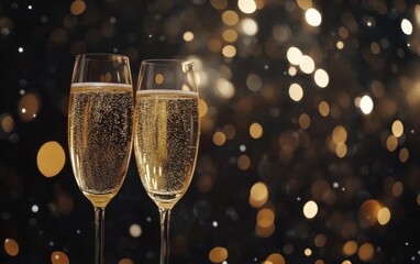 Aufkleber - Two glasses of sparkling champagne stand against a backdrop of shimmering, golden bokeh lights, perfect for celebratory occasions. : Generative AI
