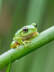 Poster - A vibrant green tree frog perches delicately on a dew-kissed blade of grass, its golden eyes gleaming in the soft light, a tranquil scene of nature's beauty. : Generative AI