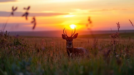 Poster - A majestic deer stands silhouetted against a vibrant sunset, its antlers framed by the golden light, in a serene prairie landscape. : Generative AI