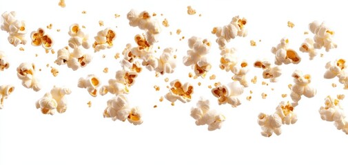 Aufkleber - A burst of fluffy popcorn kernels floats against a pristine white backdrop, showcasing the light, airy texture and golden-brown centers of each piece. : Generative AI
