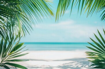 Aufkleber - Tropical beach scene framed by lush green palm fronds, showcasing a tranquil ocean and pristine white sand. Perfect for summer vacation themes. : Generative AI