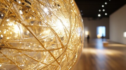 Fototapete - Golden Glass Sphere Art Installation in Modern Gallery Setting, Intricate Network of Filaments, Light Reflecting, Museum Exhibit. : Generative AI