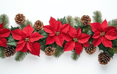 Poster - Festive Christmas garland with vibrant red poinsettias, lush green pine branches, and rustic brown pine cones, arranged against a clean white background. : Generative AI