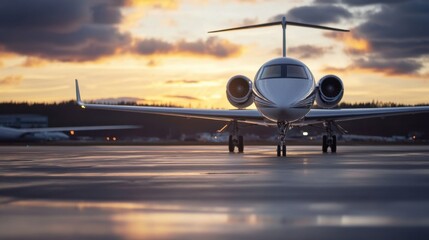 Poster - Private jet on tarmac at sunset, reflecting golden light, showcasing luxury travel and aviation. : Generative AI