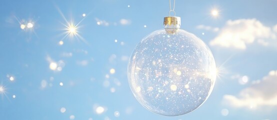 Aufkleber - A glistening glass christmas ornament hangs against a bright blue sky, adorned with sparkling glitter and sunlit bokeh effects, creating a festive winter scene. : Generative AI