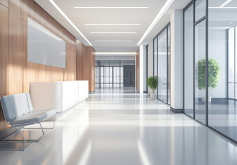 Leinwandbilder - Modern office hallway with wooden paneling, white reception desk, and comfortable seating, offering a bright and spacious atmosphere. : Generative AI