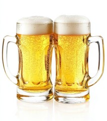Poster - Two frosty mugs of golden beer, filled to the brim with a thick head of foam, stand side-by-side, reflecting light on a pristine white background. : Generative AI