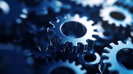 Leinwandbilder - Close-up of Interlocking Metallic Gears, Deep Blue Hue, Industrial Machinery Detail : Generative AI