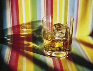 Poster - A rocks glass of amber liquid rests on a vibrant striped tablecloth, ice cubes melting slowly, casting shadows. The sunlight illuminates the scene, highlighting the drink's color and t : Generative AI