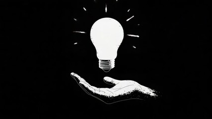 Poster - Hand Holding Light Bulb Symbolizing Ideas and Innovation on Black Background 4k video footage