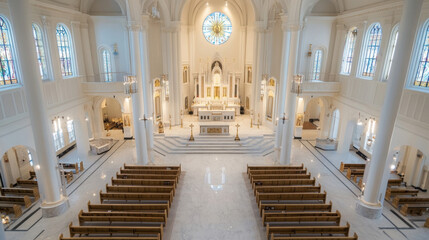 Poster - High-angle view of a pristine, modern church interior with rows of wooden pews, marble flooring, and stained-glass windows, showcasing a bright and peaceful atmosphere. : Generative AI
