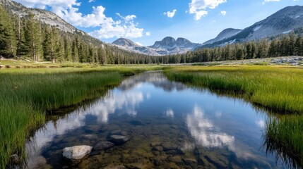 Aufkleber - Serene mountain lake reflecting a vibrant blue sky and fluffy clouds, surrounded by lush green grasses and towering pine trees. : Generative AI
