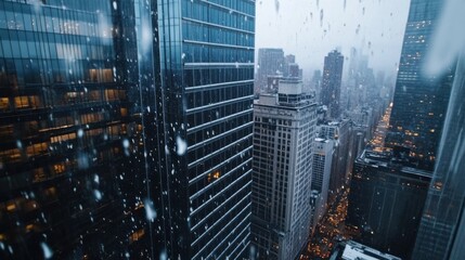 Leinwandbilder - Snow falls on a city skyline viewed from a skyscraper window, showcasing illuminated buildings and a bustling street below during a winter storm. : Generative AI
