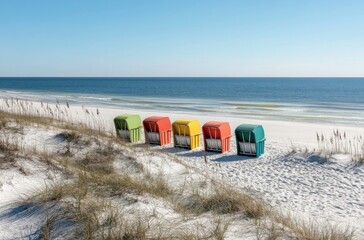 Fototapete - Five colorful beach chairs sit on a pristine white sand dune overlooking a tranquil ocean under a clear blue sky, offering a serene coastal scene. : Generative AI