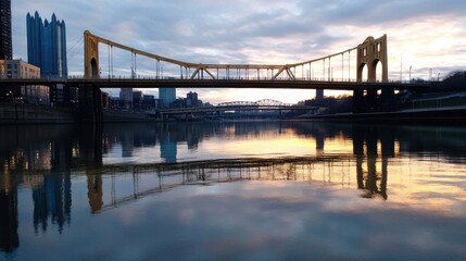 Poster - Golden hour reflection of the iconic yellow bridge spanning the Allegheny River in Pittsburgh, Pennsylvania, with city skyline and tranquil water. : Generative AI