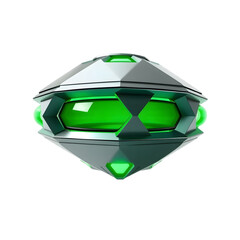 Poster - Sleek Metallic Flying Object, An Unidentified Airborne Vehicle. Shiny Surfaces Reflect Light. Green Glow Accents, A Futuristic Design Concept. Isolated On White, A Clean Sci-fi Element.