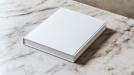 Poster - Blank white hardcover book rests on a marble surface, providing a clean and minimalist design for various publishing or branding projects. : Generative AI