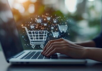 Poster - Woman's hands typing on laptop keyboard with glowing shopping cart icons above, symbolizing online shopping and e-commerce. : Generative AI