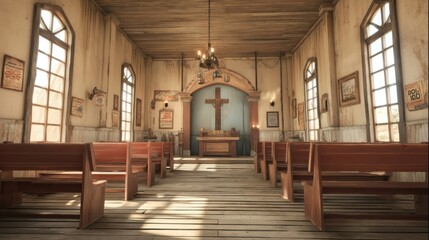 Poster - Rustic wooden pews fill a sunlit old western chapel, featuring a simple altar and vintage posters on the walls, creating a serene and nostalgic atmosphere. : Generative AI