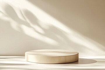 Leinwandbilder - A minimalist wooden display platform sits on a light beige surface, bathed in soft sunlight filtering through unseen foliage, casting delicate shadows. : Generative AI