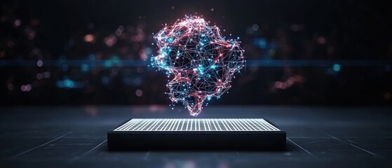 Aufkleber - Digital neural network with glowing nodes and connections hovers above platform display system.