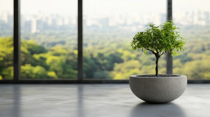 Leinwandbilder - Small green tree in a concrete pot sits on a floor against a blurred city and park view from a large window. : Generative AI