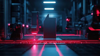 Fototapete - Futuristic Data Center with Glowing Red Lights and High-Tech Equipment in a Modern Digital Environment 4k video footage