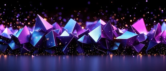 Poster - an abstract arrangement of geometric shapes glows with brilliant purple and blue hues against a dark