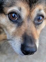 Poster - Close-up portrait of a senior mixed-breed dog, showcasing its expressive brown eyes and slightly graying muzzle.  The image highlights the dog's gentle nature and aging features, offer : Generative AI