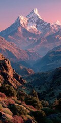 Leinwandbilder - Majestic snow-capped peak dominates a breathtaking mountain valley at sunset, casting a warm pink glow on the rugged landscape below. : Generative AI