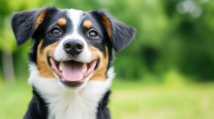 Poster - Happy Australian Shepherd puppy portrait, smiling dog in green nature, cheerful canine outdoors, cute pet photography. : Generative AI