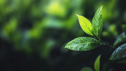Poster - Closeup of vibrant green leaves on a branch, bathed in soft sunlight, creating a tranquil and natural scene. : Generative AI