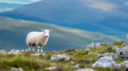 Aufkleber - A lone sheep stands on a rocky hillside, gazing directly at the camera, against a backdrop of rolling, hazy blue mountains. : Generative AI