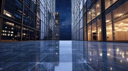 Poster - Night cityscape view of modern skyscrapers reflecting in a sleek, dark polished plaza floor under a starry night sky. : Generative AI