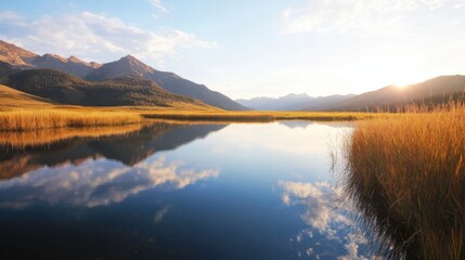 Poster - Serene mountain lake reflecting sunset clouds and golden grasses, idyllic landscape photography. : Generative AI