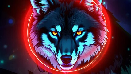 Poster - Vibrant Digital Artwork of a Wolf Head with Neon Blue Eyes and Red Circular Frames