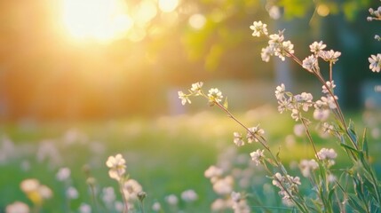 Fototapete - Soft sunlight illuminates delicate white wildflowers in a vibrant green meadow, creating a serene and peaceful springtime scene. : Generative AI