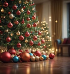Wall Mural - Ornate Christmas tree, vibrant baubles, soft bokeh lights , glitter, decor