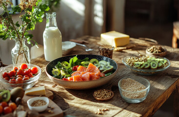 Poster - Healthy salmon salad with kiwi, spinach, and cherry tomatoes, served on a rustic wooden table in sunlight. : Generative AI