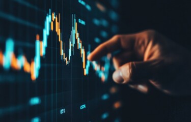 Fototapete - A hand interacts with a vibrant candlestick chart displayed on a dark screen, showcasing dynamic market data and financial analysis. : Generative AI
