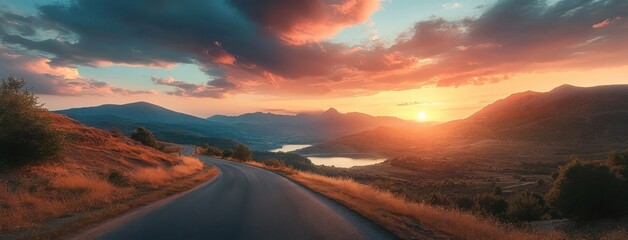 Poster - Scenic mountain road winding through a picturesque landscape at sunset, with a tranquil lake visible in the valley below, bathed in warm golden light. : Generative AI