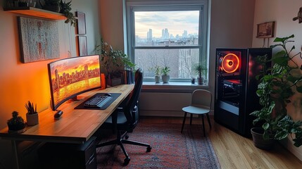 Poster - Long narrow gaming room with minimal furnishings, desk near front-facing window, curved monitor and tower glowing softly, basic chair