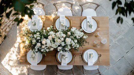 Poster - Elegant outdoor wedding reception table setting with white roses and gold accents, viewed from above.  Sunlight illuminates the centerpiece and place settings. : Generative AI