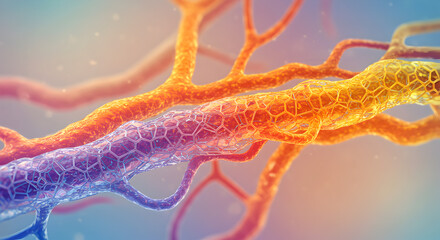 Poster - Intricate Network of Interconnected Vessels Displayed in Gradient Orange and Blue Hues Under Soft Glowing Backdrop