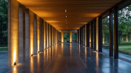 Poster - Modern architecture hallway with warm lighting, stone pillars, and large glass windows overlooking a tranquil garden at dusk. : Generative AI