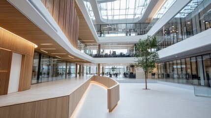 Leinwandbilder - Modern office building atrium with wooden accents and glass walls, showcasing a bright and spacious interior design. : Generative AI