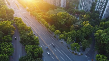 Aufkleber - Aerial view of a city street lined with lush green trees at sunset, cars driving on the road, buildings in the background. : Generative AI